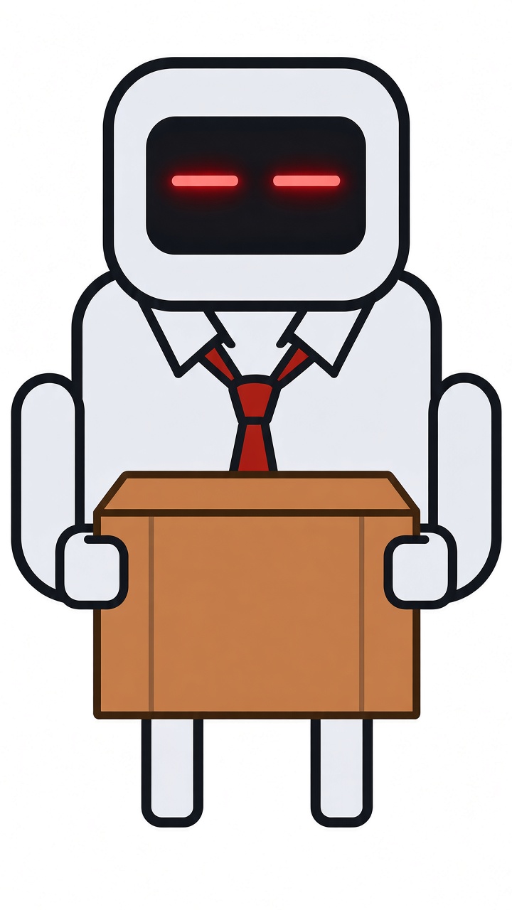 Larry, a laid-off robot holding a cardboard box with his belongings